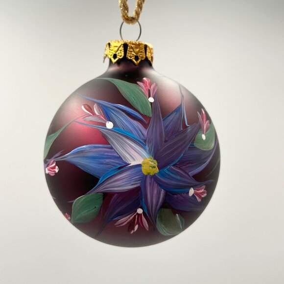 Hand-Painted Glass Christmas Ornament With Colorful Floral Design & Gold-Toned C - Picture 1 of 6